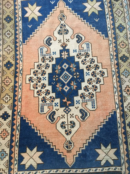 4 x 7.6 feet handmade blue kitchen floor rug, vintage living room area rug,