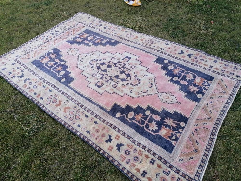 Vintage blue rug, large turkish oushak rug 6 x 9.6 handmade wool rug
