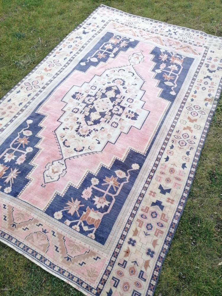 Vintage blue rug, large turkish oushak rug 6 x 9.6 handmade wool rug