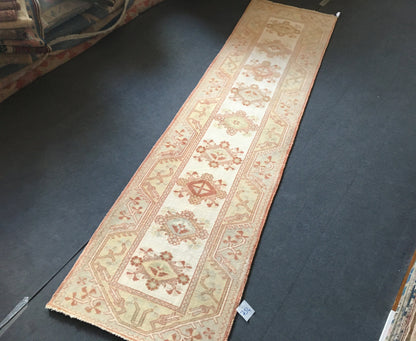2.4 x 9 vintage brown entryway runner, handmade floor runner rug, Oushak room area runner