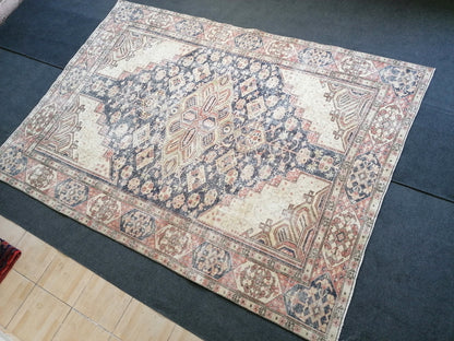 7 x 9.7  oushak rug, vintage runner rug wool hand made rugs vintage blue rug