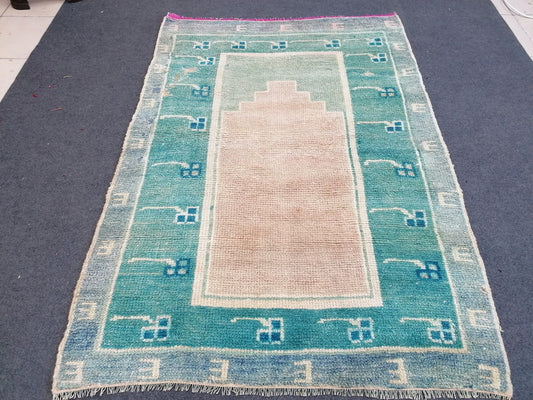 3.4 x 5 Shaggy turkish hand made rug vintage green rugs, high pile wool rug,