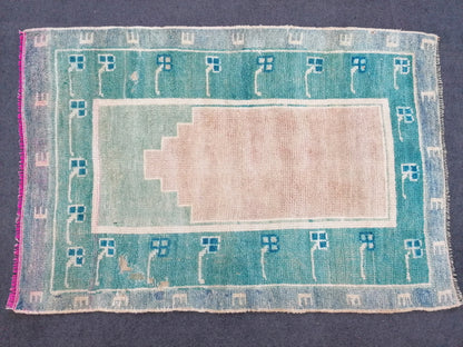 3.4 x 5 Shaggy turkish hand made rug vintage green rugs, high pile wool rug,