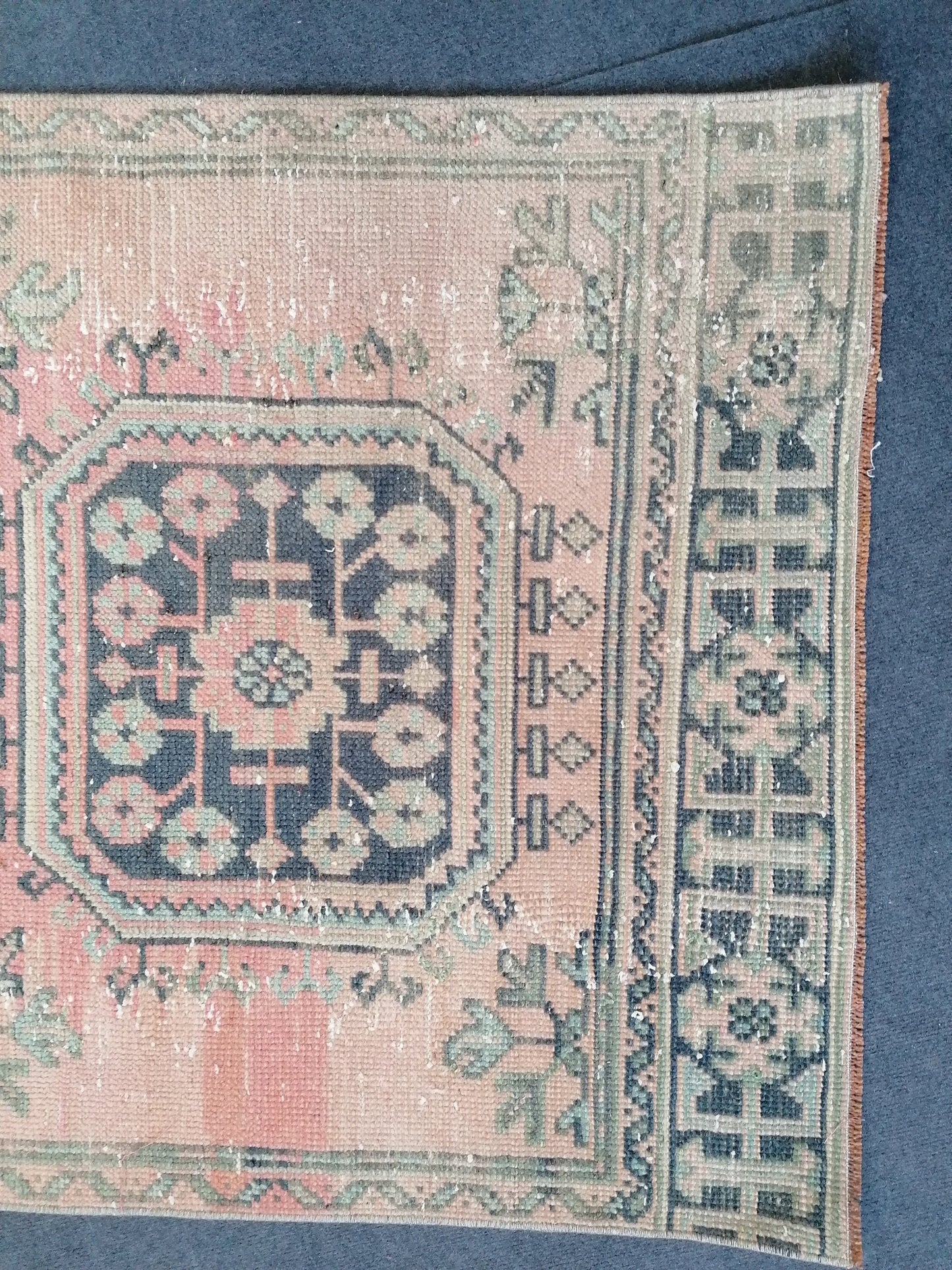 3 x 10.6 oushak turkish runner rug, vintage green wool runner rug,