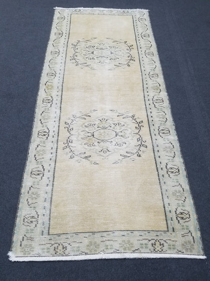 Distressed vintage runner rug, 2.6 x 5.10 oushak wool runner rug, rustic handmade rug, hand knotted