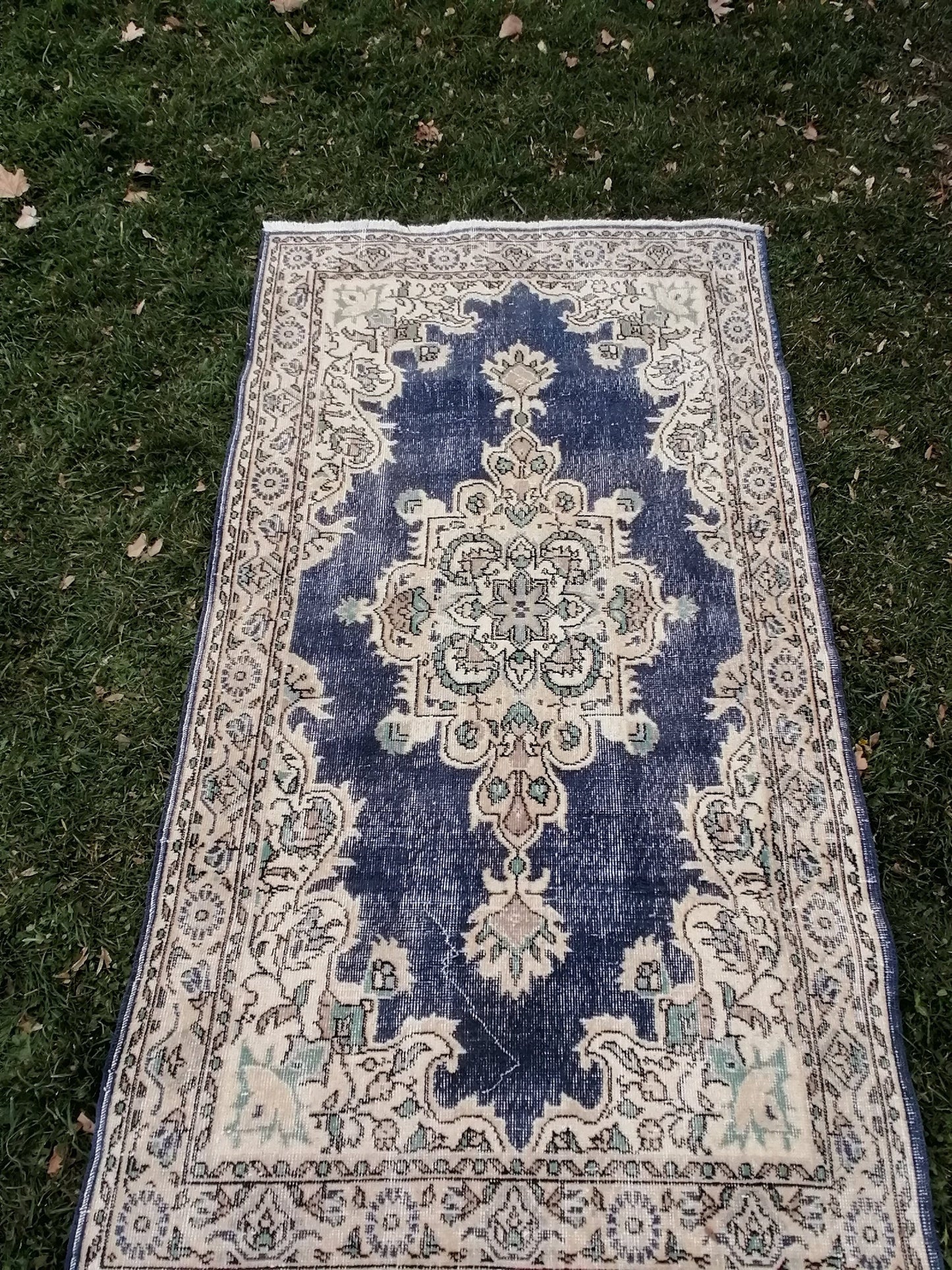 3.10 x 7 blue rug, turkish wool rug, oushak vintage rug,