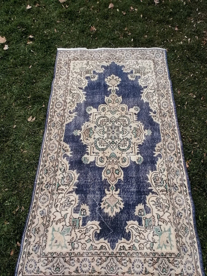3.10 x 7 blue rug, turkish wool rug, oushak vintage rug,