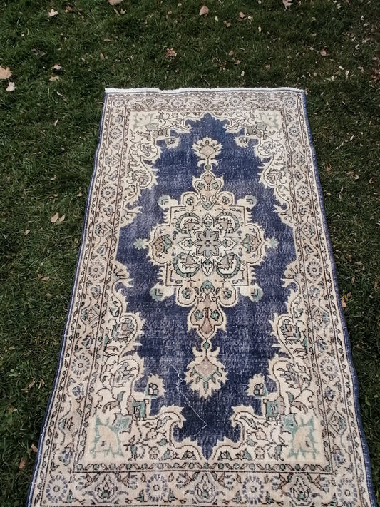 3.10 x 7 blue rug, turkish wool rug, oushak vintage rug,