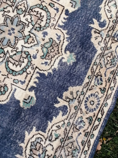 3.10 x 7 blue rug, turkish wool rug, oushak vintage rug,