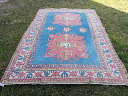5 x 7.4 Turkish oushak rug, Blue rug, vintage oushak rug, unique handmade rug