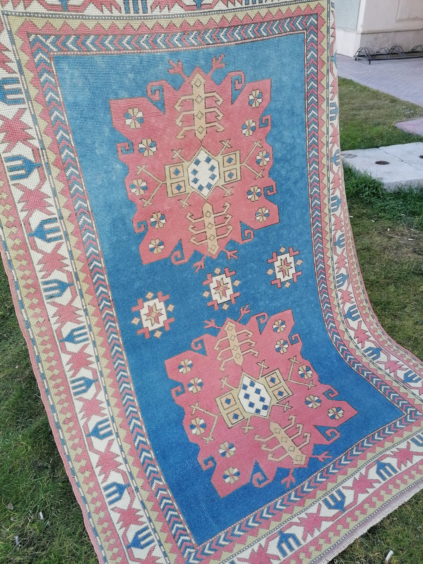 5 x 7.4 Turkish oushak rug, Blue rug, vintage oushak rug, unique handmade rug