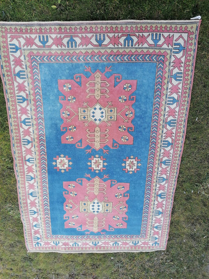 5 x 7.4 Turkish oushak rug, Blue rug, vintage oushak rug, unique handmade rug