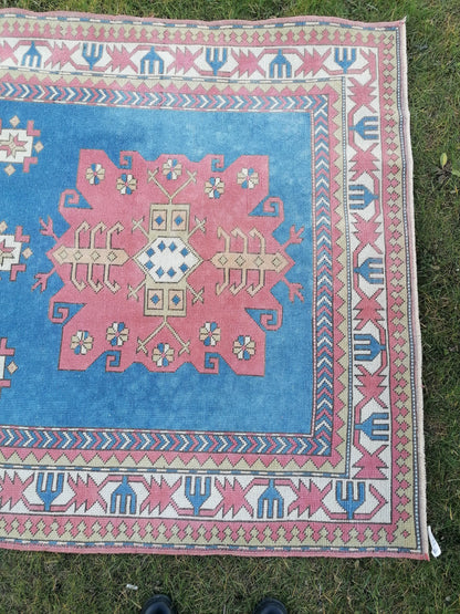 5 x 7.4 Turkish oushak rug, Blue rug, vintage oushak rug, unique handmade rug