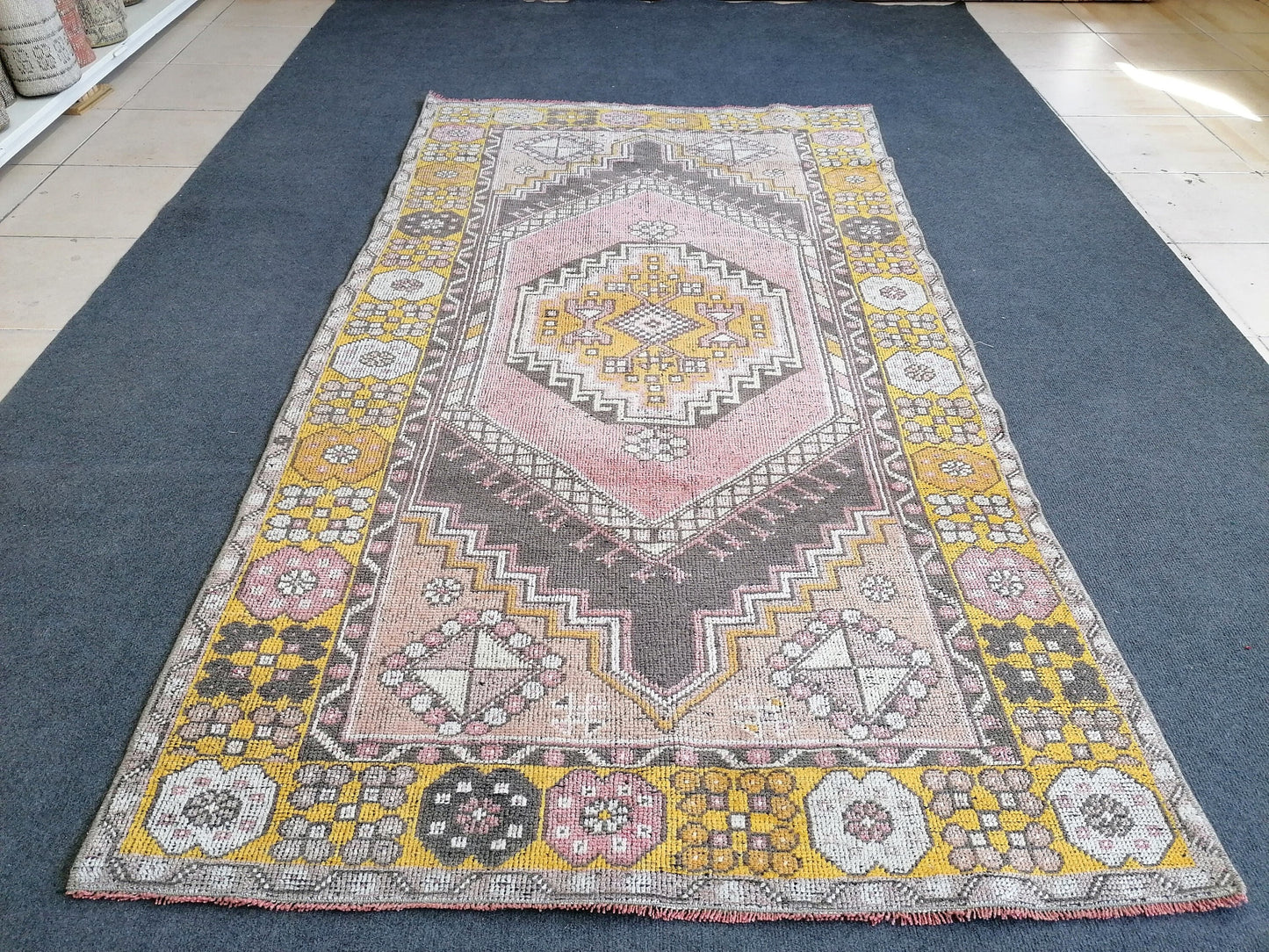 3.8 x 6.9 vintage turkish rug, oushak vintage rug, kitchen rug,