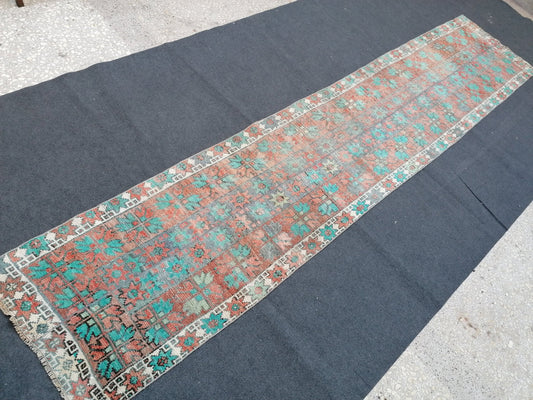2.6 x 12 vintage turkish rug, oushak rug, vintage rug,