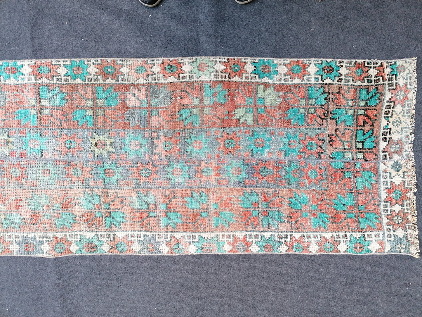 2.6 x 12 vintage turkish rug, oushak rug, vintage rug,