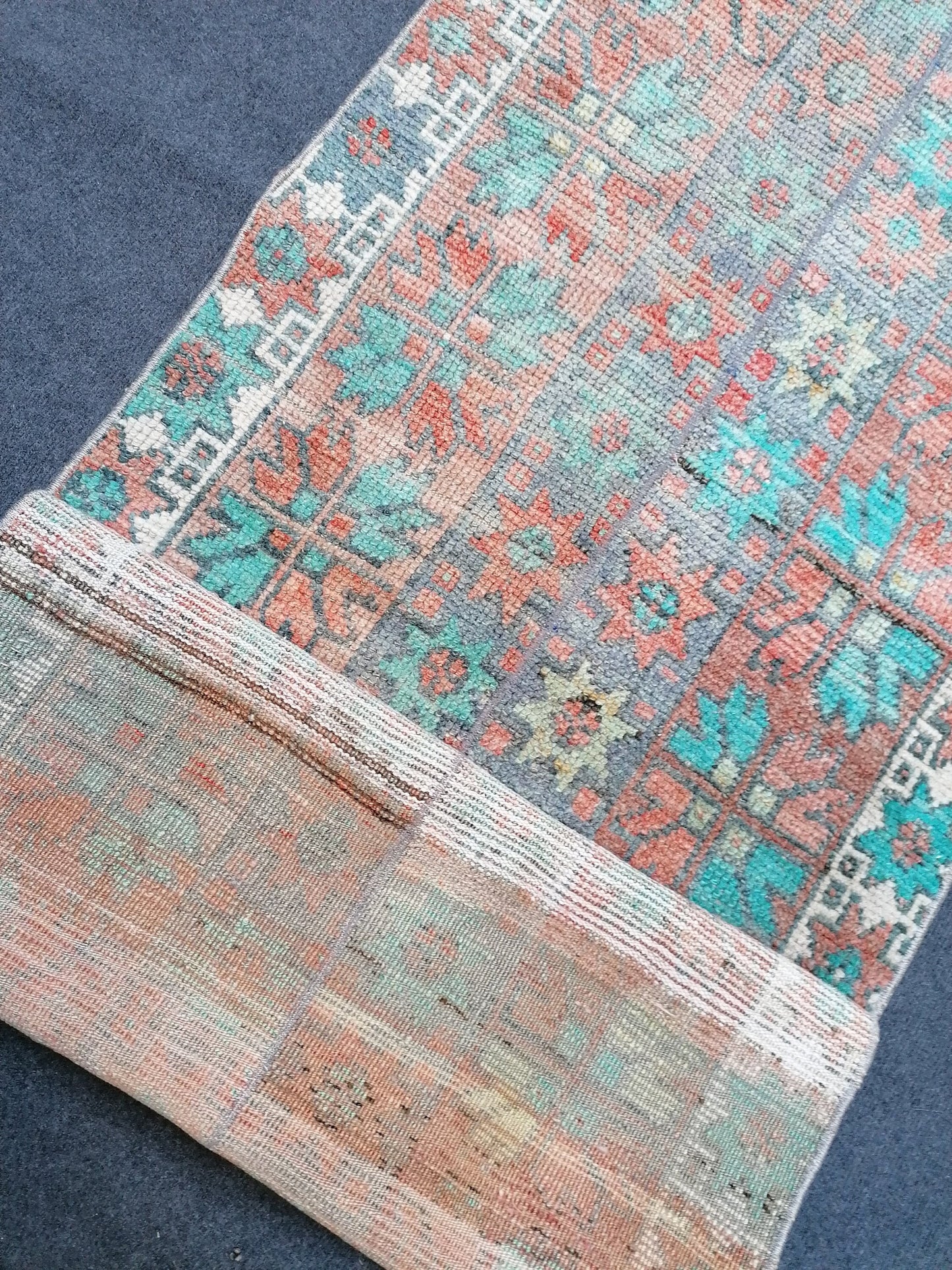 2.6 x 12 vintage turkish rug, oushak rug, vintage rug,
