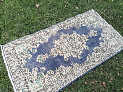 3.10 x 7.2 Turkish oushak rug, blue vintage rug
