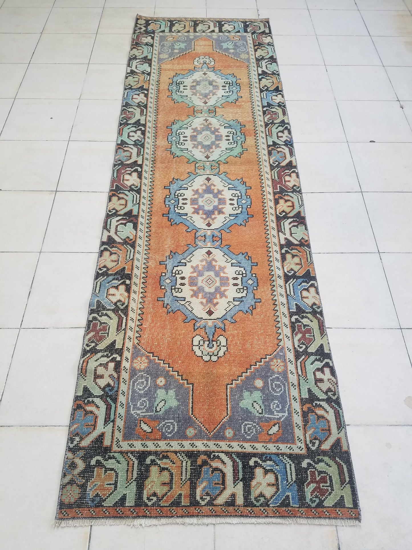 33 x 109 inches Turkish runner rug, vintage runner rug, vintage oushak rug,