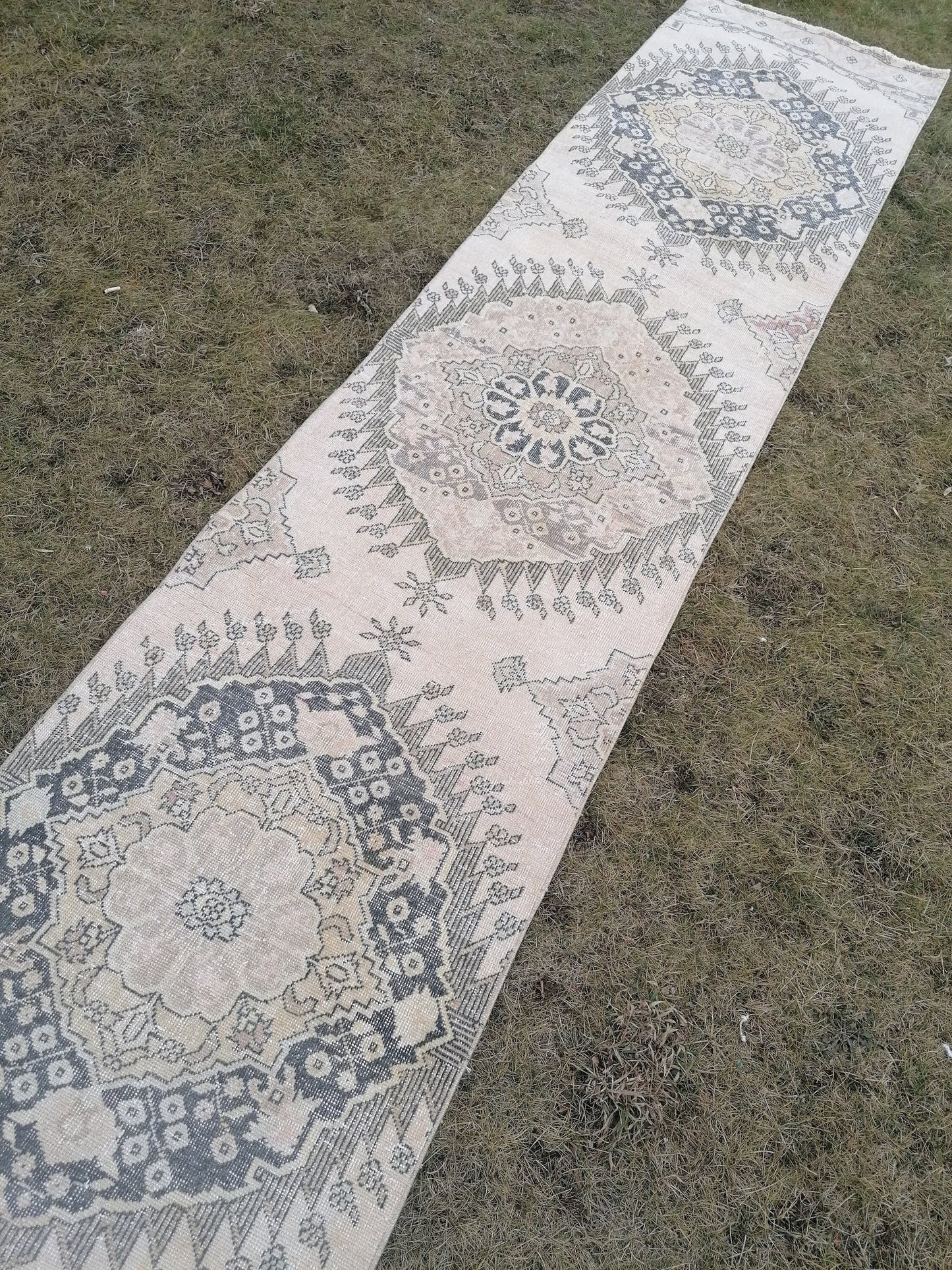 2.9 x 13 vintage hallway runner rug, neutral oushak runner rug, handmade runner,