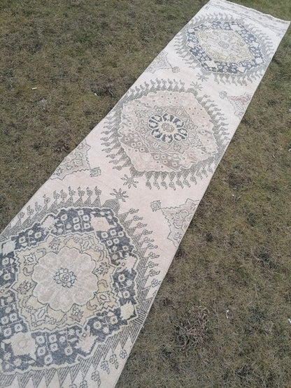 2.9 x 13 vintage hallway runner rug, neutral oushak runner rug, handmade runner,
