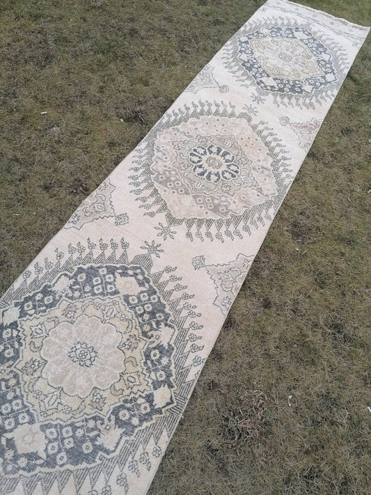 2.9 x 13 vintage hallway runner rug, neutral oushak runner rug, handmade runner,