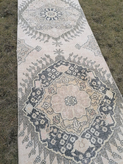 2.9 x 13 vintage hallway runner rug, neutral oushak runner rug, handmade runner,