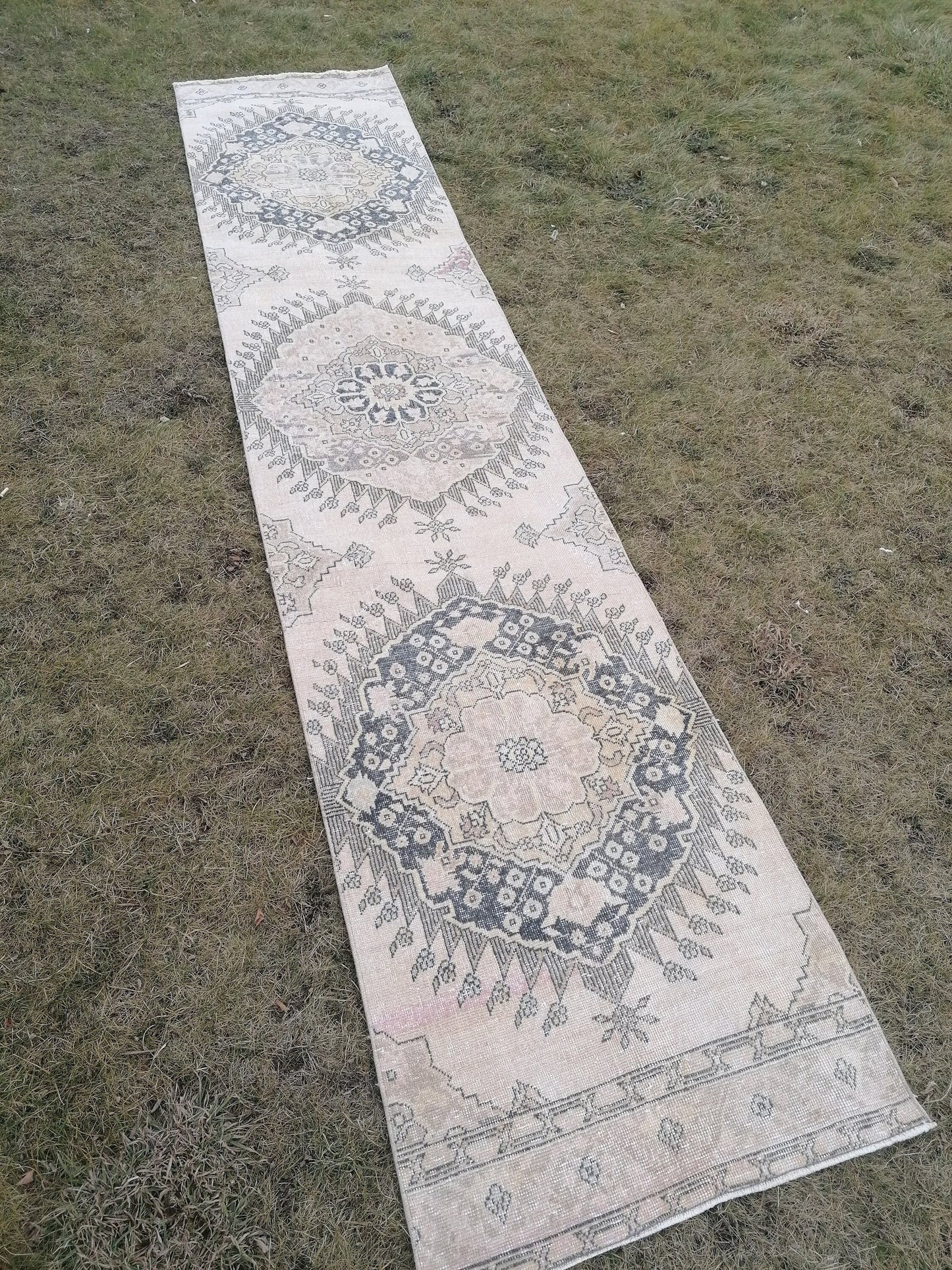 2.9 x 13 vintage hallway runner rug, neutral oushak runner rug, handmade runner,