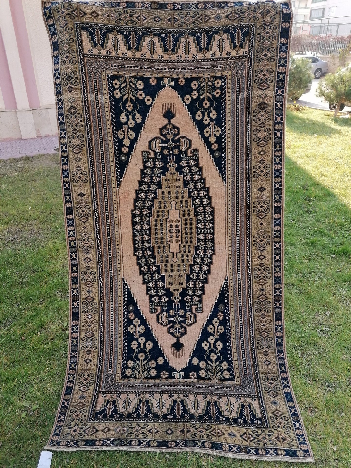 4 x 7.7 blue rug, living room rug vintage oushak rug