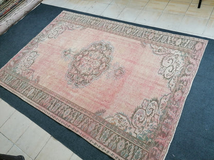 6 x 8.6 large oushak rug, distressed wool rug, rustic turkish handmade rug, living room rug, hand knotted rug.