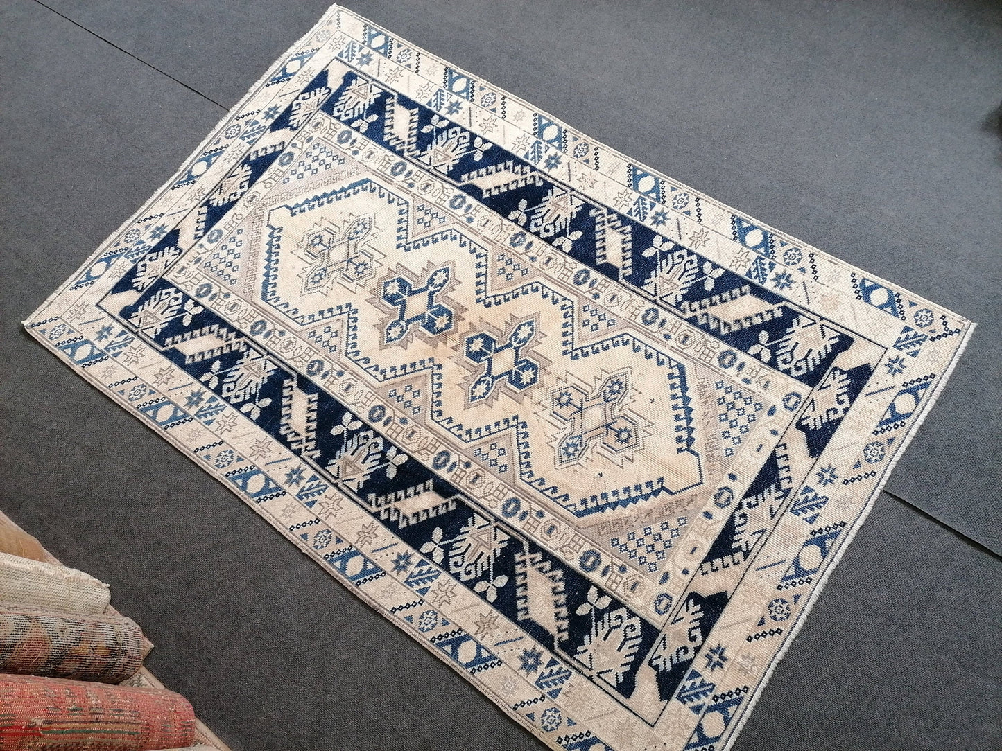 4.11 x 7.4 Vintage handmade rug, turkish wool rug   blue vintage oushak rug,