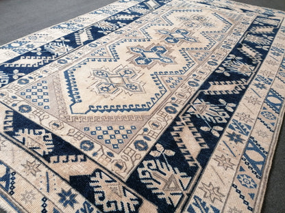 4.11 x 7.4 Vintage handmade rug, turkish wool rug   blue vintage oushak rug,