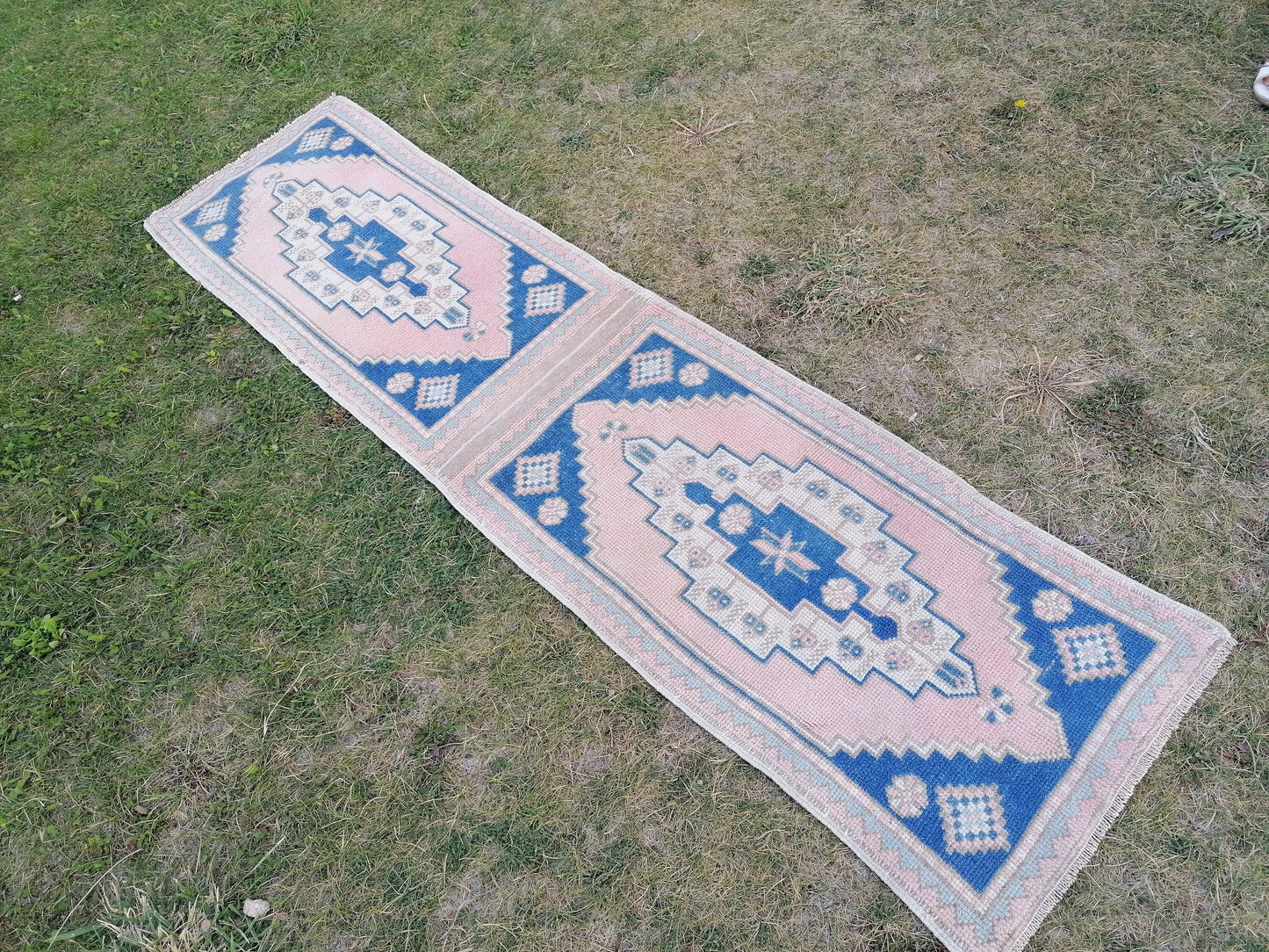Blue pillow runner rug 1.10 x 7 hallway vintage rug, entryway hand made rug, kitchen runner