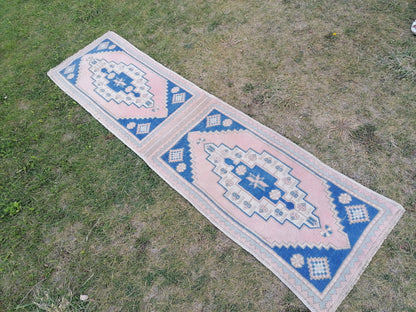 Blue pillow runner rug 1.10 x 7 hallway vintage rug, entryway hand made rug, kitchen runner