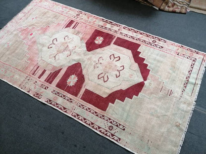 4.9 x 9 oushak turkish rug, pastel turkish rug, vintage hand made wool runner