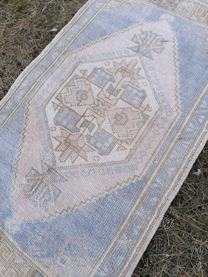 1.9 x 10.5 muted blue runner rug, faded vintage turkish runner,  hallway runner rug, kicthen runner rug, oushak runner rug