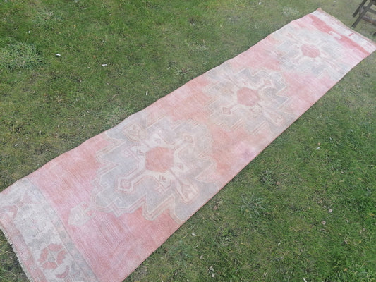 2.8 x 12.3 turkish runner rug, pastel vintage oushak runner rug, kitchen runner rug,hallway runner rug