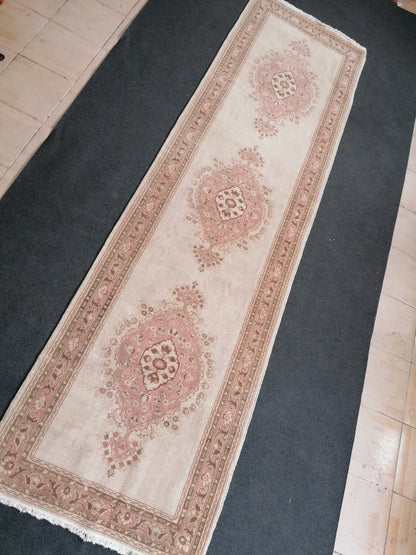 3.2 x 11.6 runner rug, vintage runner rug, turkish pastel pink runner rug, oushak runner rug