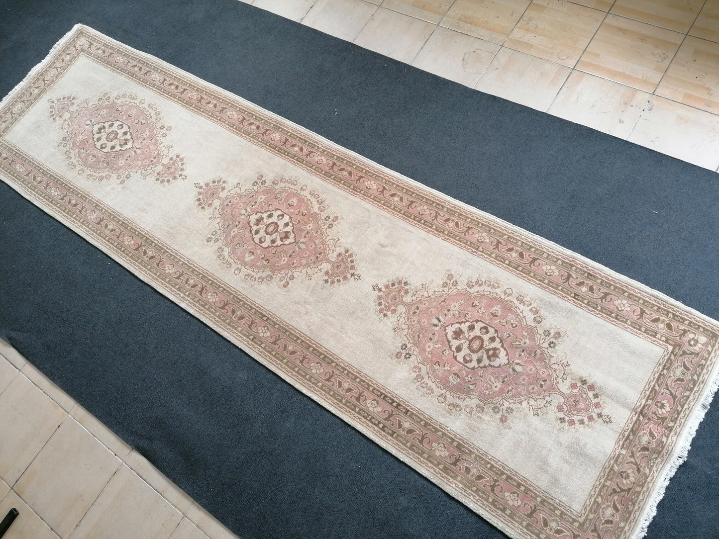 3.2 x 11.6 runner rug, vintage runner rug, turkish pastel pink runner rug, oushak runner rug