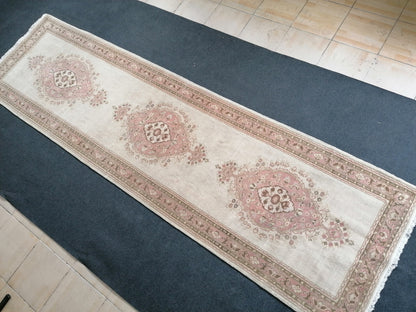 3.2 x 11.6 runner rug, vintage runner rug, turkish pastel pink runner rug, oushak runner rug