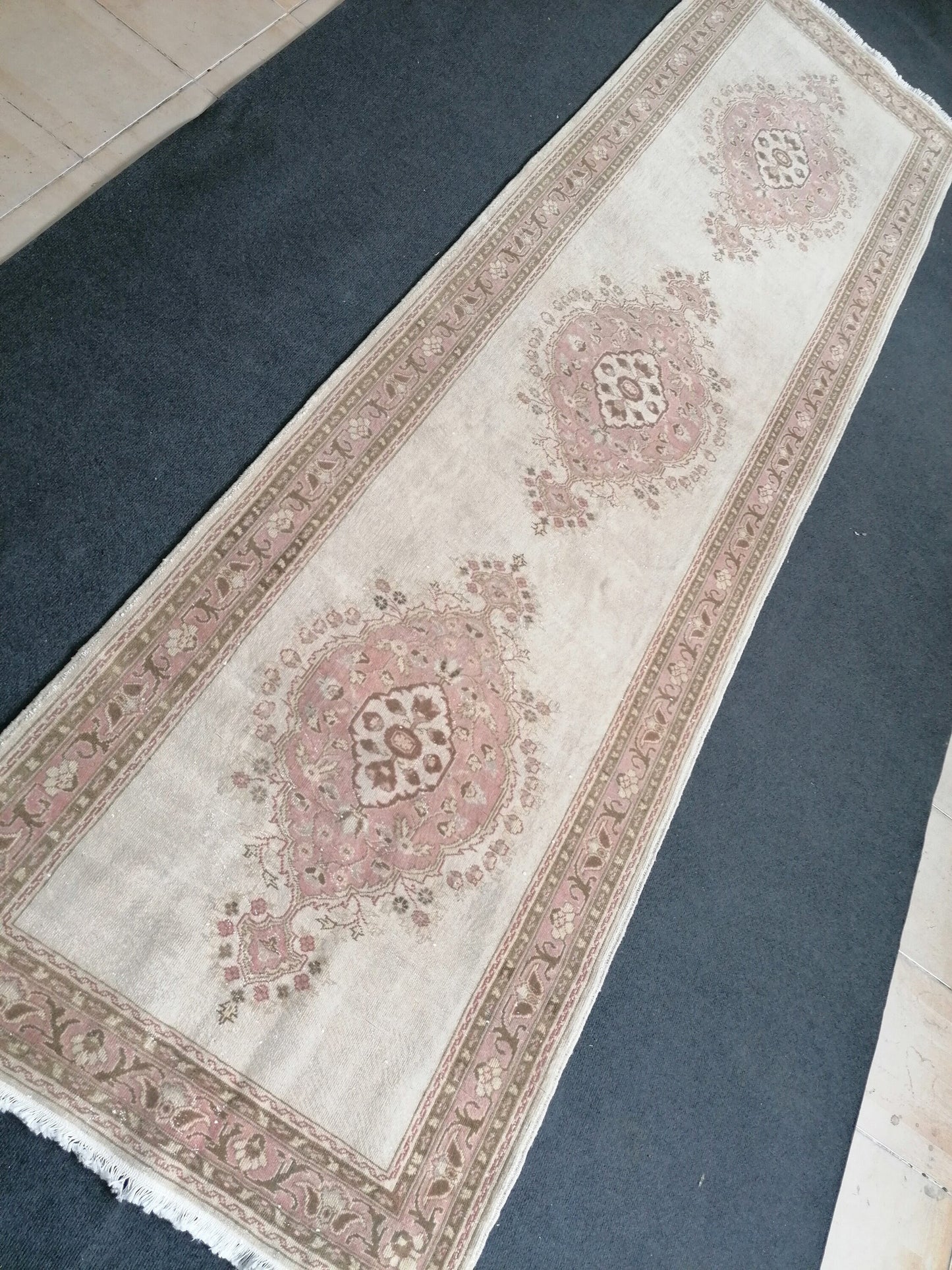 3.2 x 11.6 runner rug, vintage runner rug, turkish pastel pink runner rug, oushak runner rug