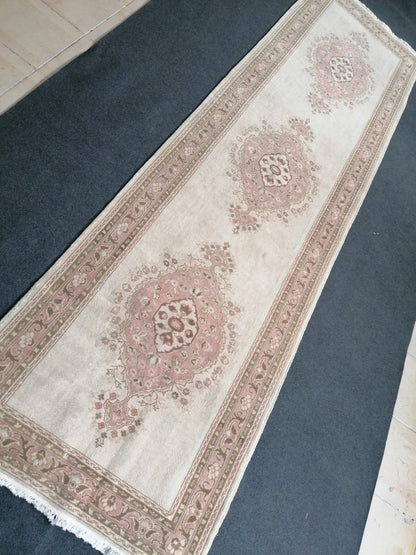 3.2 x 11.6 runner rug, vintage runner rug, turkish pastel pink runner rug, oushak runner rug