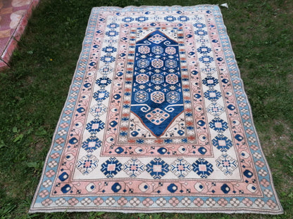 4.8 x 7 Vintage blue rug,turkish oushak rug  living Hand-knotted rug