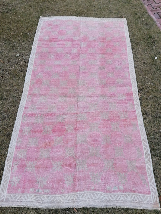 4.4 x 8.4 pink vintage rug, vintage oushak rug, decorative turkish rug,kitchen rug