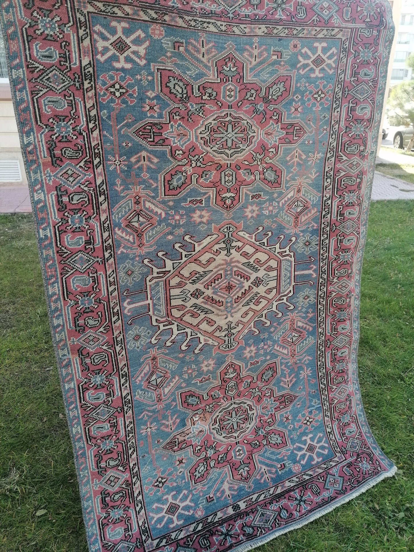 4 x 6.4 wool rug,turkish oushak rug,vintage handmade rug,