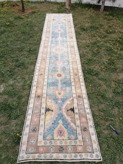Oushak wool runner 3 x 14.9 turkish handmade rug, Hand-knotted runner rug