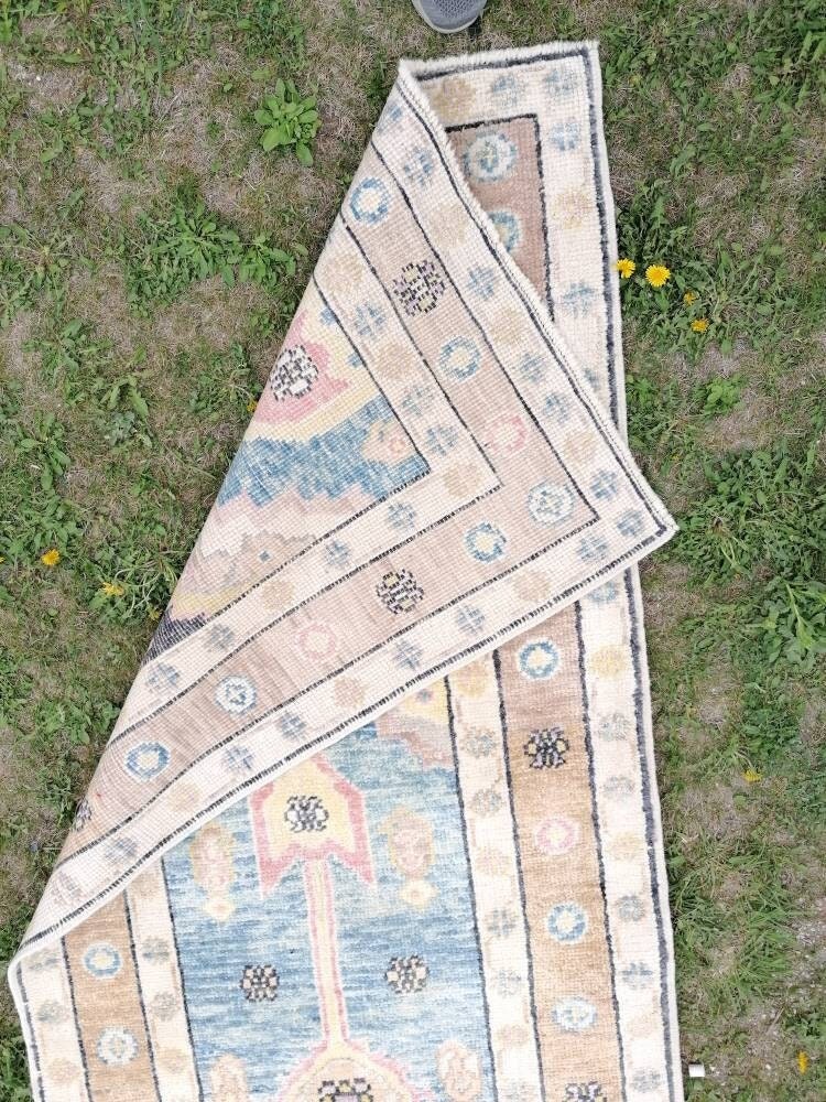 Oushak wool runner 3 x 14.9 turkish handmade rug, Hand-knotted runner rug