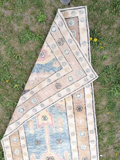 Oushak wool runner 3 x 14.9 turkish handmade rug, Hand-knotted runner rug