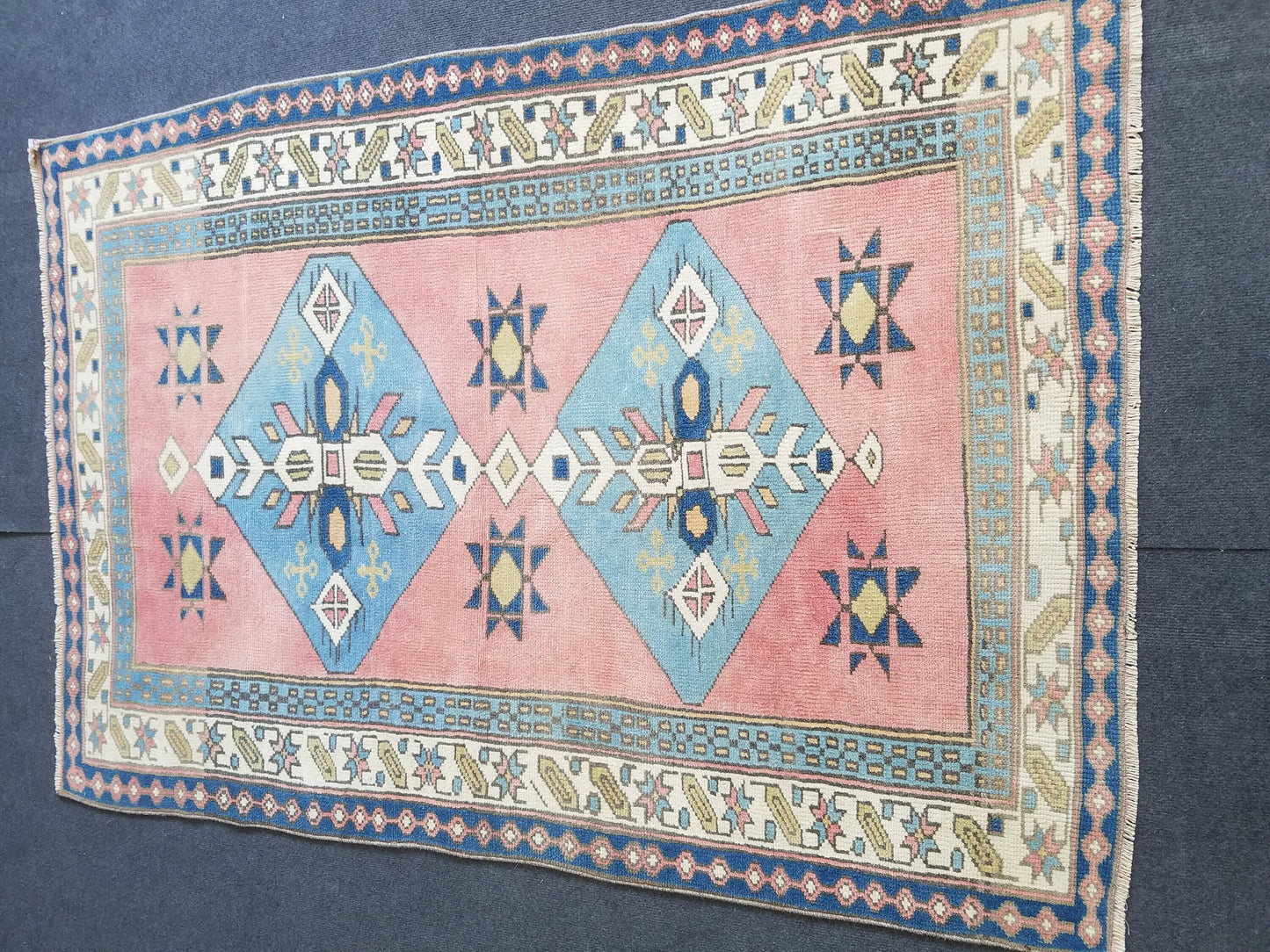 3.10 x 5.7 Blue vintage wool rug. pink turkish oushak rug, handmade wool rugs