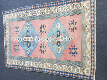 3.10 x 5.7 Blue vintage wool rug. pink turkish oushak rug, handmade wool rugs